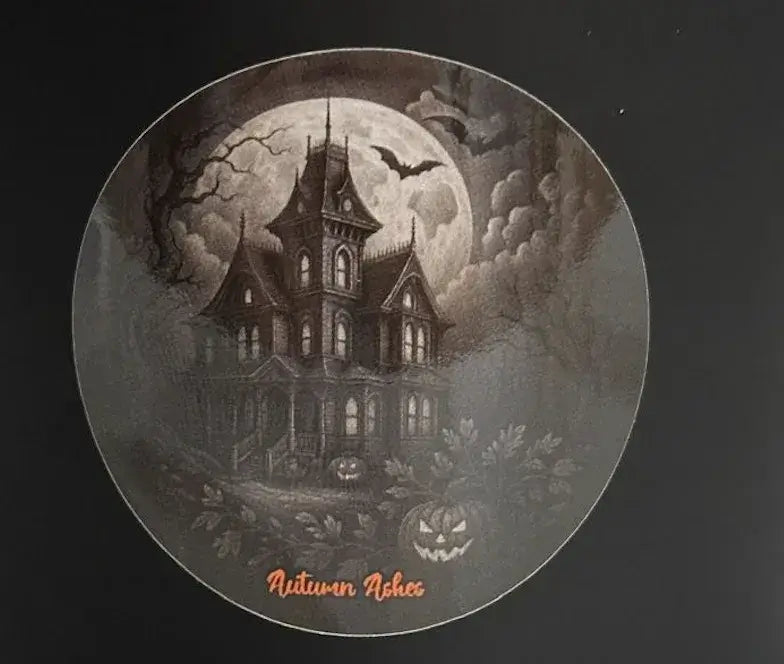Haunted house candle design – spooky autumn candle with bats, pumpkins, and full moon artwork