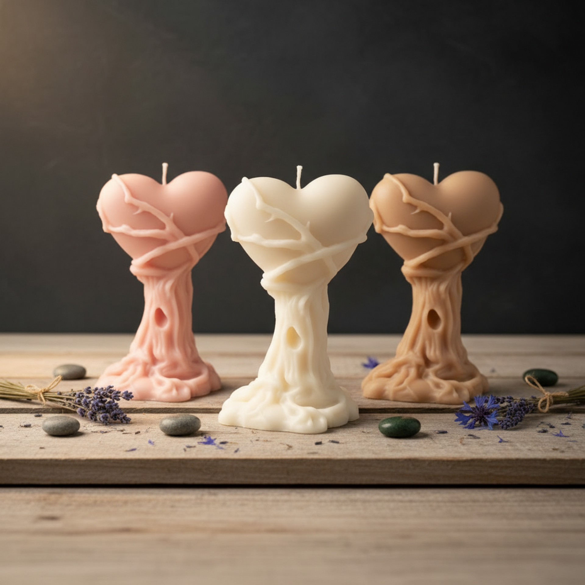 Flatlay of sculptural and natural soy wax candles from Votive, hand-finished and eco-friendly, styled with botanical elements to highlight their artisanal craftsmanship and wellness-focused design