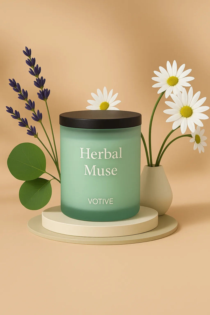 Herbal Muse aromatherapy candle with lavender and chamomile, crafted for relaxation and natural wellness.