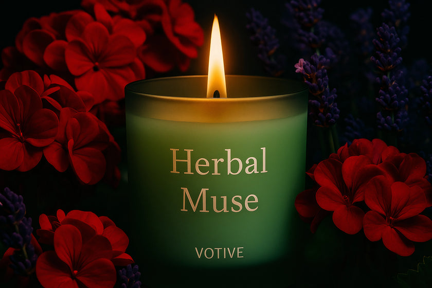 Herbal Muse eco soy candle glowing warmly, surrounded by red geraniums and lavender, perfect for natural home décor and relaxation.

