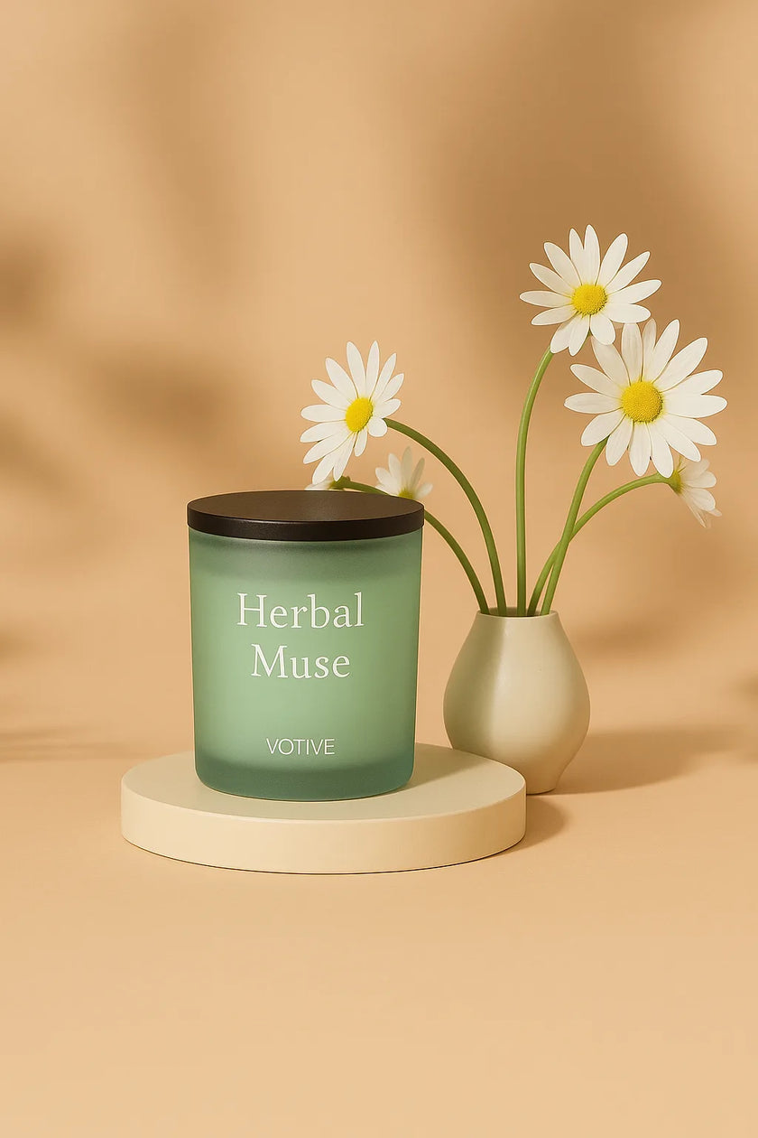 Herbal Muse eco soy candle in green frosted glass, perfect for eco-friendly home décor and relaxation.