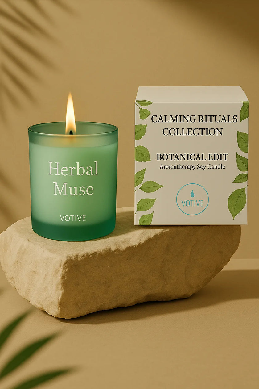 Green Herbal Muse candle surrounded by lavender sprigs and green leaves, promoting serenity and mindfulness.