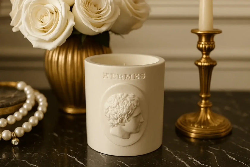 Hermes candle with a decorative face design on a dark surface with flowers and a candle in the background.