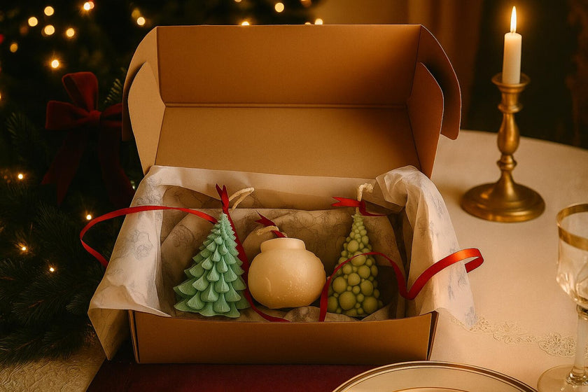 Decorative items in a box with Christmas tree ornament candles and a globe candle on a festive table.
