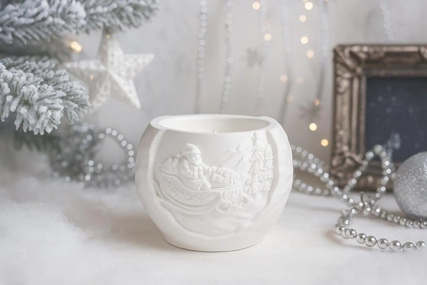White ceramic mug with embossed design on a white surface with decorative elements.