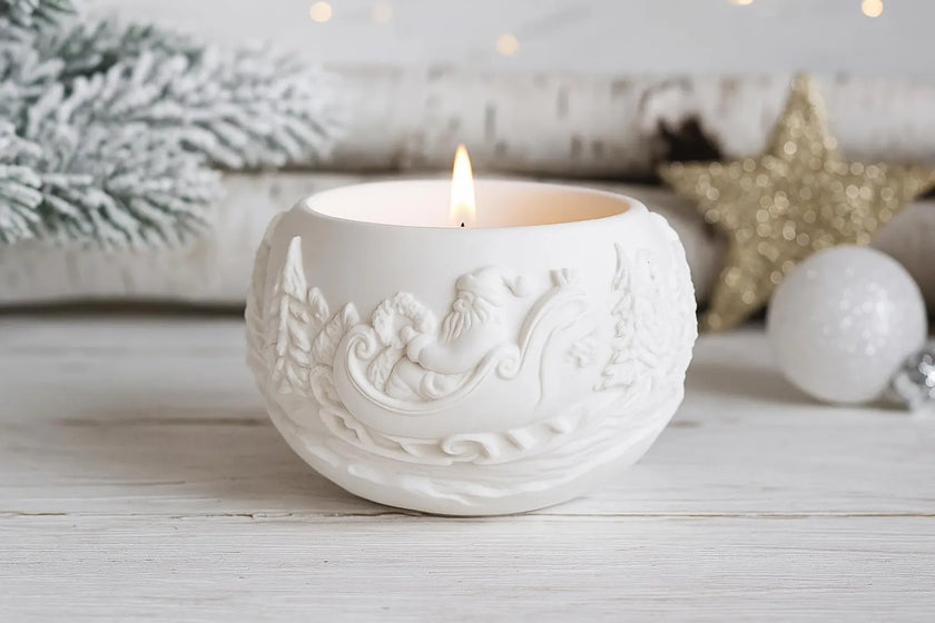 White ceramic candle holder with a lit candle on a wooden surface with decorative items in the background.