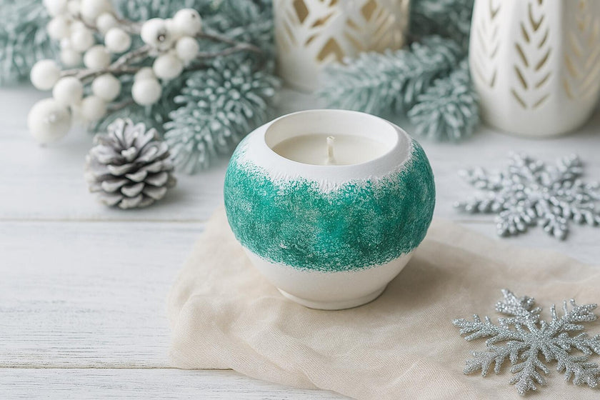 Decorative candle in a textured holder with winter-themed decorations on a light wooden surface.