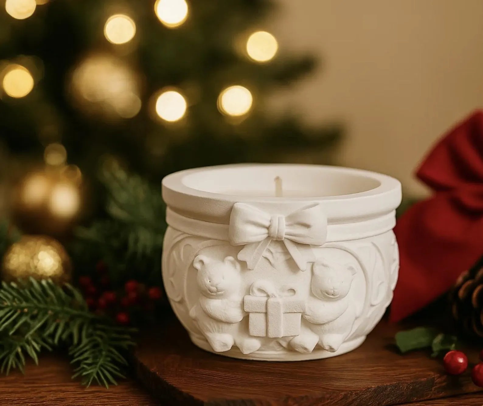 Decorative candle with festive design in front of a Christmas tree.