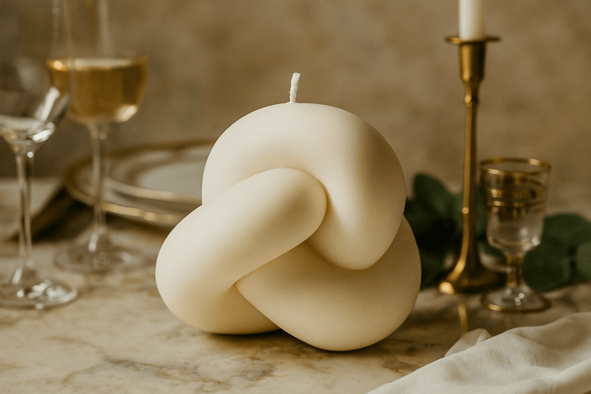 Knot-shaped candle on a table with wine glasses and candles in the background
