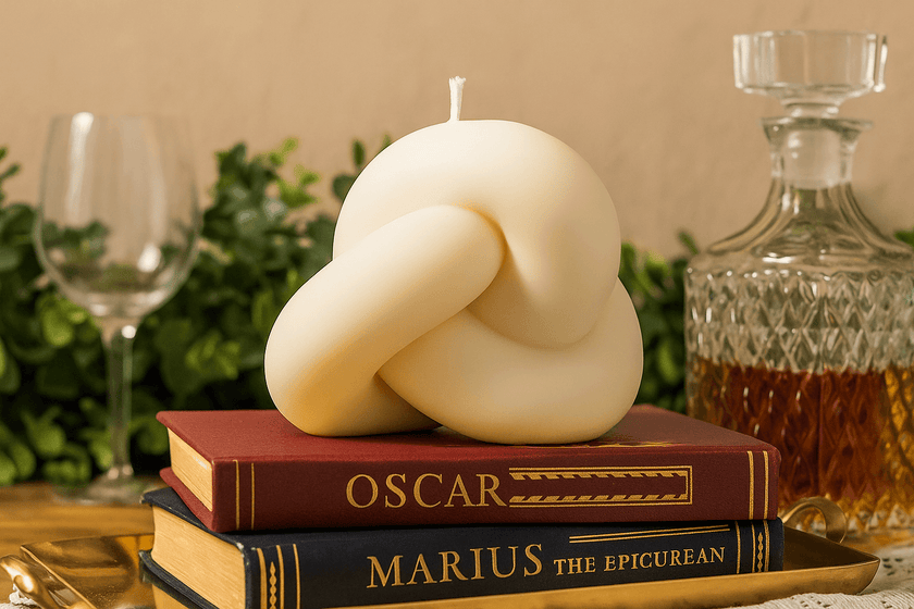 Knot-shaped candle on books with a glass of wine and decanter in the background