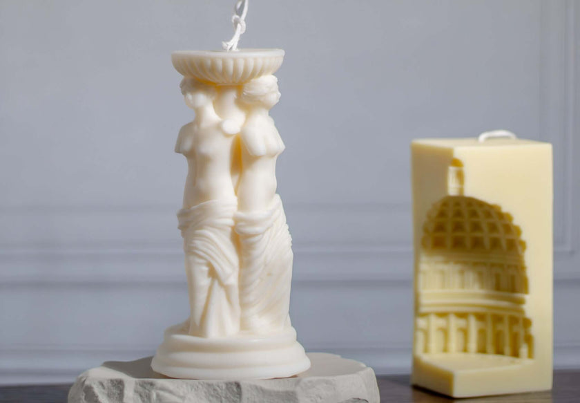 Large decorative candle with Greek goddess form – eco-friendly, clean-burning sculpture.