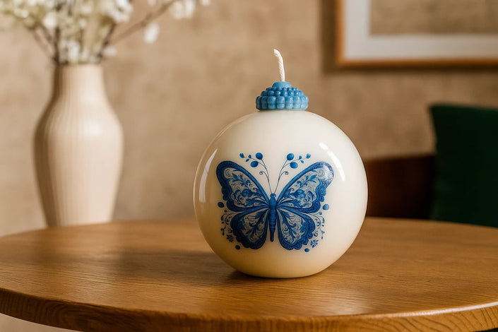 Large round soy candle with cotton wick, handcrafted in a vintage ornament style.