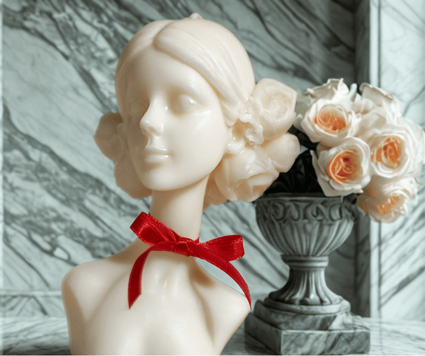 Sculptural large woman bust candle in soft wax, adorned with red ribbon, next to a decorative vase of roses.