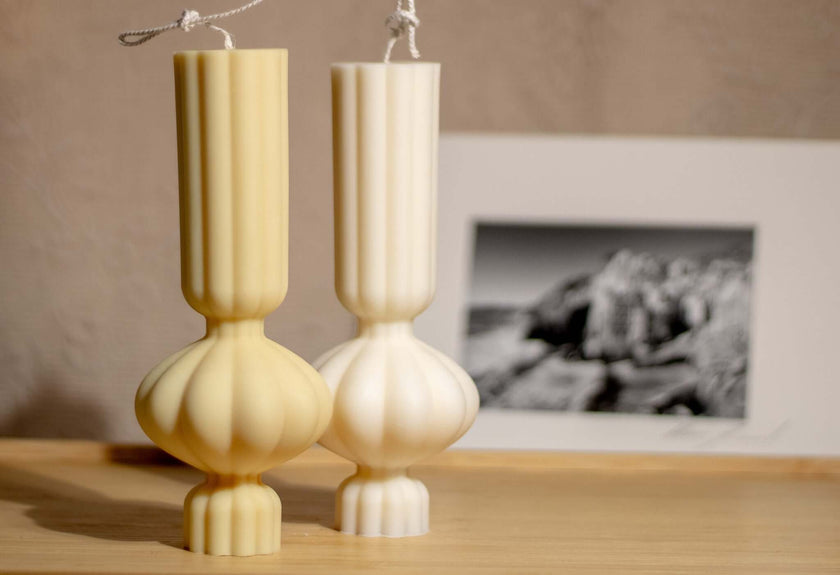 Close-up of the Harmony Pillar candle, showcasing its elegant shape and smooth wax texture with a calming fragrance.