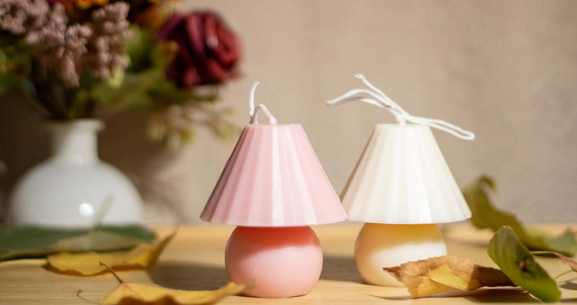 Handcrafted Mystic Mushroom decorative candle, shaped like a whimsical toadstool and made from natural soy wax.