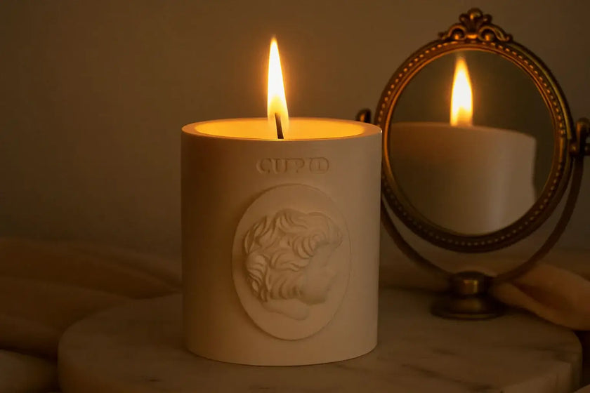 Candle labeled 'Cupid' with a reflection in a small mirror on a wooden surface.