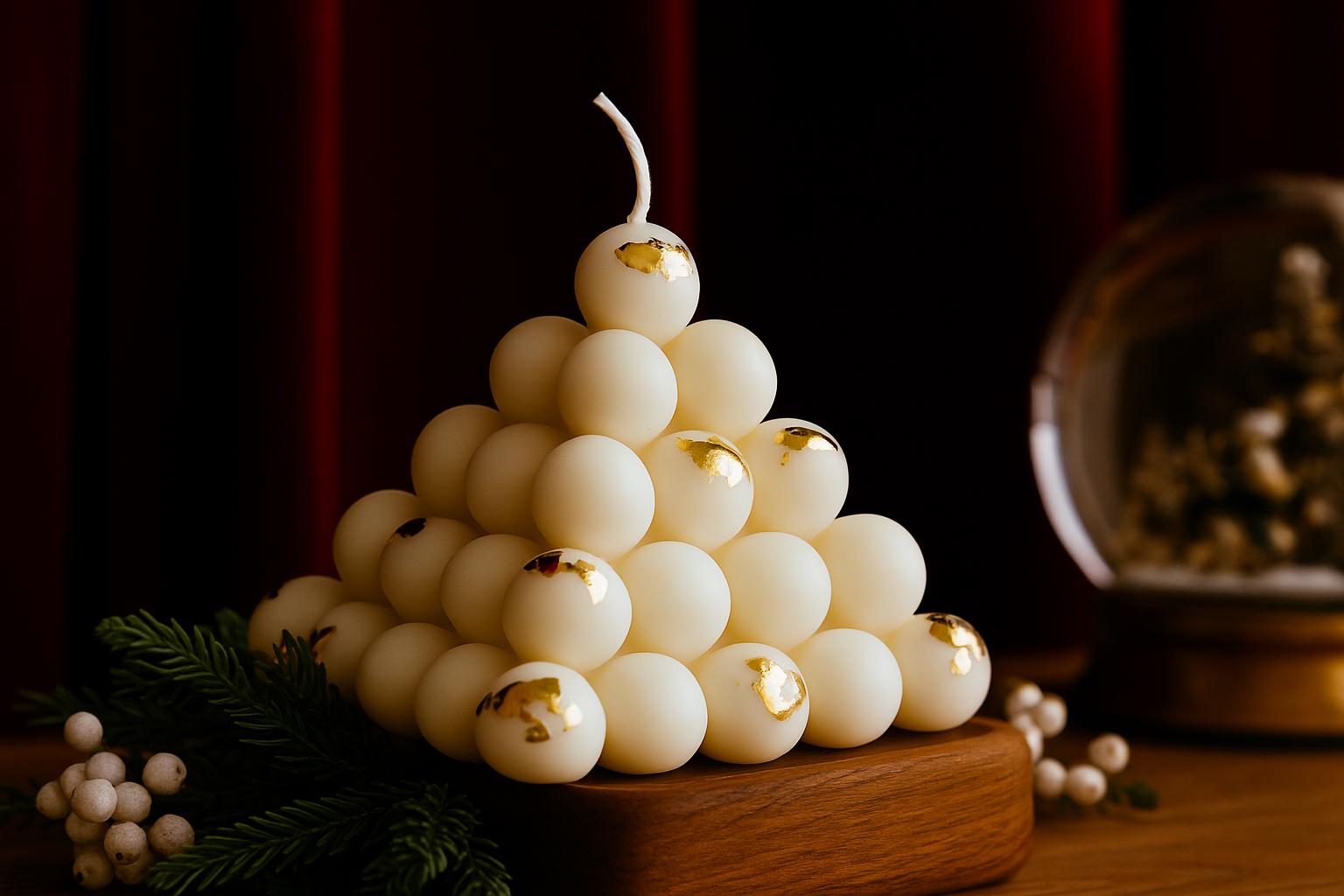Pyramid-shaped candle made of small white candles with gold tips on a wooden base.