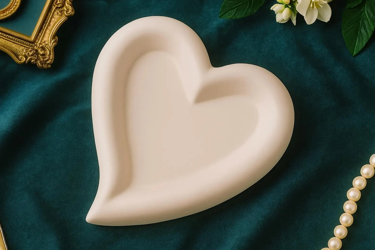 Heart-shaped ceramic dish on a dark green fabric background with flowers and a gold frame.