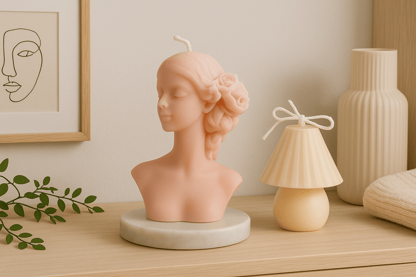 Small bust candle and mushroom lamp candle displayed in modern minimal décor
