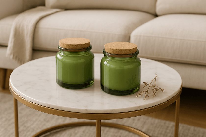 Minimalist soy wax candle set in green glass jars with cork lids for modern home décor.