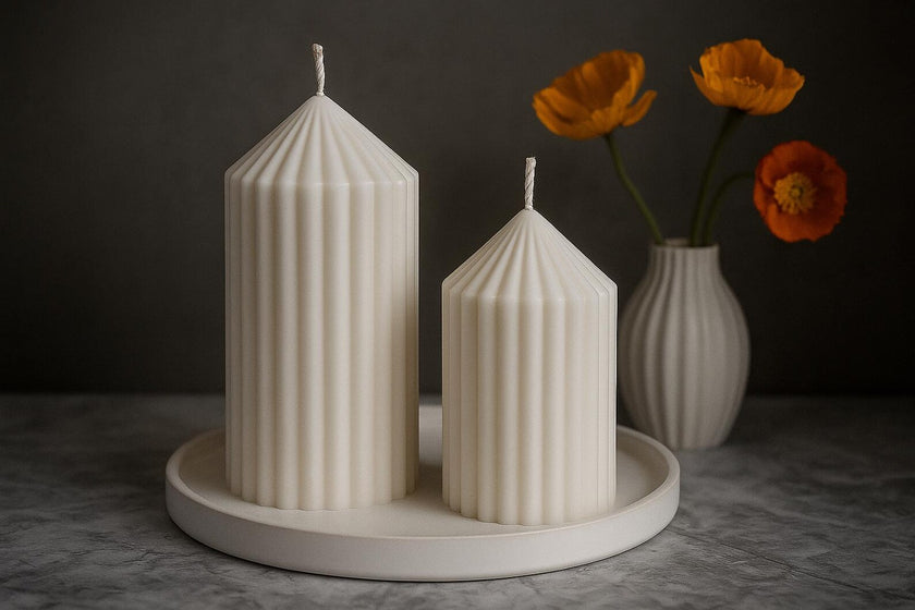 Two ribbed candles on a round ceramic holder with a vase of orange flowers in the background.