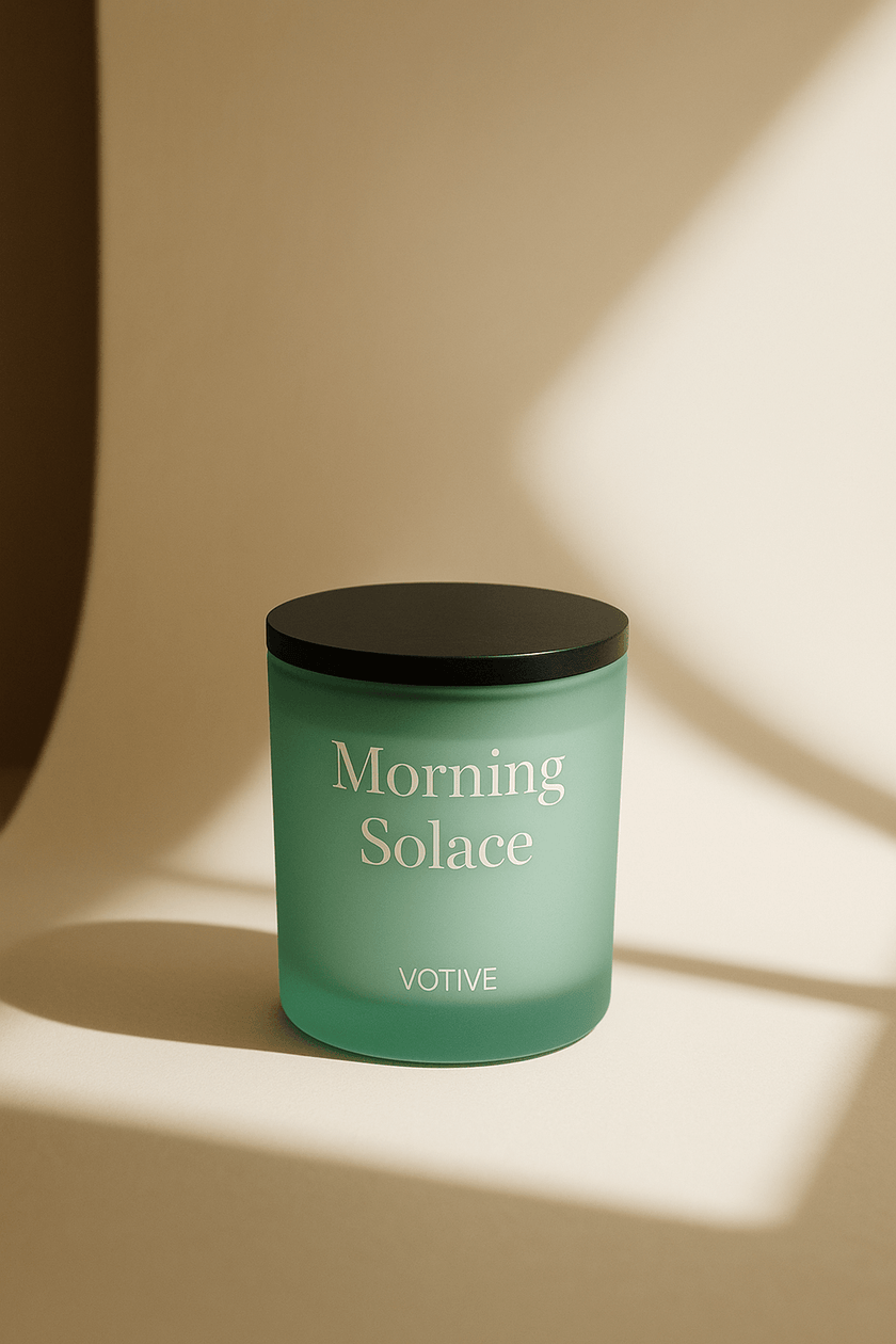Morning ritual aromatherapy candle in green glass jar with uplifting citrus and vanilla scent – handcrafted for wellness