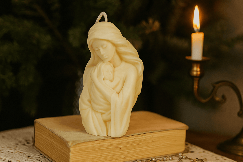 Candle-shaped sculpture of a woman holding a child on a book with a lit candle in the background.