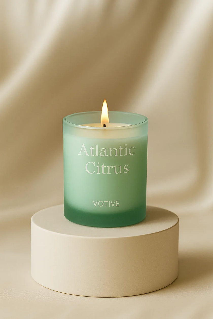 Elegant Atlantic Citrus soy candle hand-poured with sweet orange, Sicilian bergamot, and lavender, crafted for emotional balance and a calming home atmosphere.