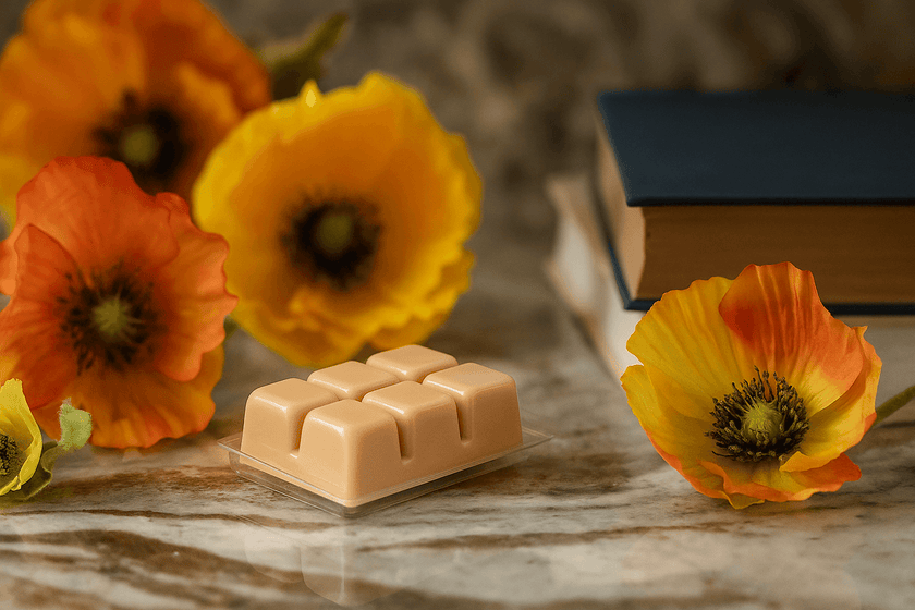 Natural Wax tarts near poppy flowers on an elegant table
