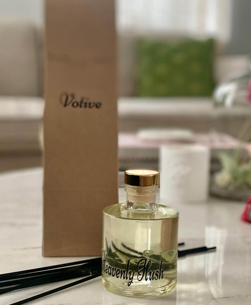 Raindrop Reverie diffuser in a bathroom setting, styled with towels and natural light

