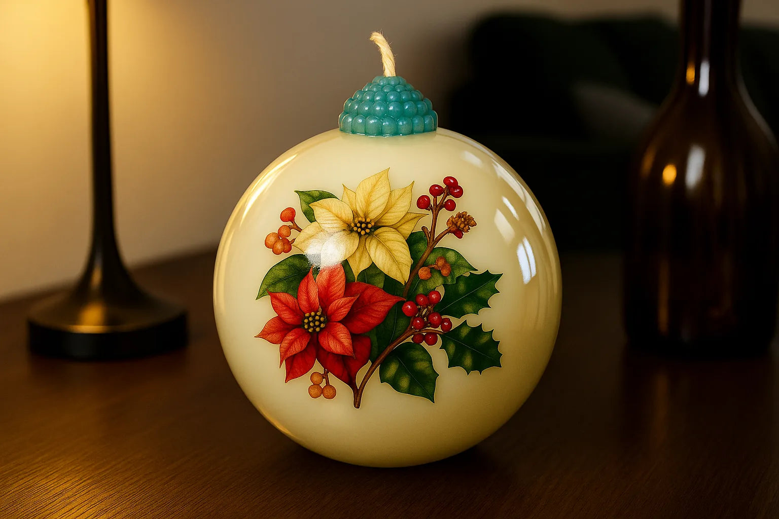 Non-toxic soy wax holiday candle displayed on a marble base, ideal for seasonal decoration.