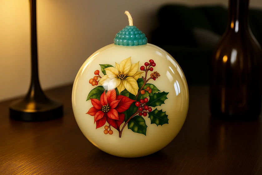 Non-toxic soy wax holiday candle displayed on a marble base, ideal for seasonal decoration.