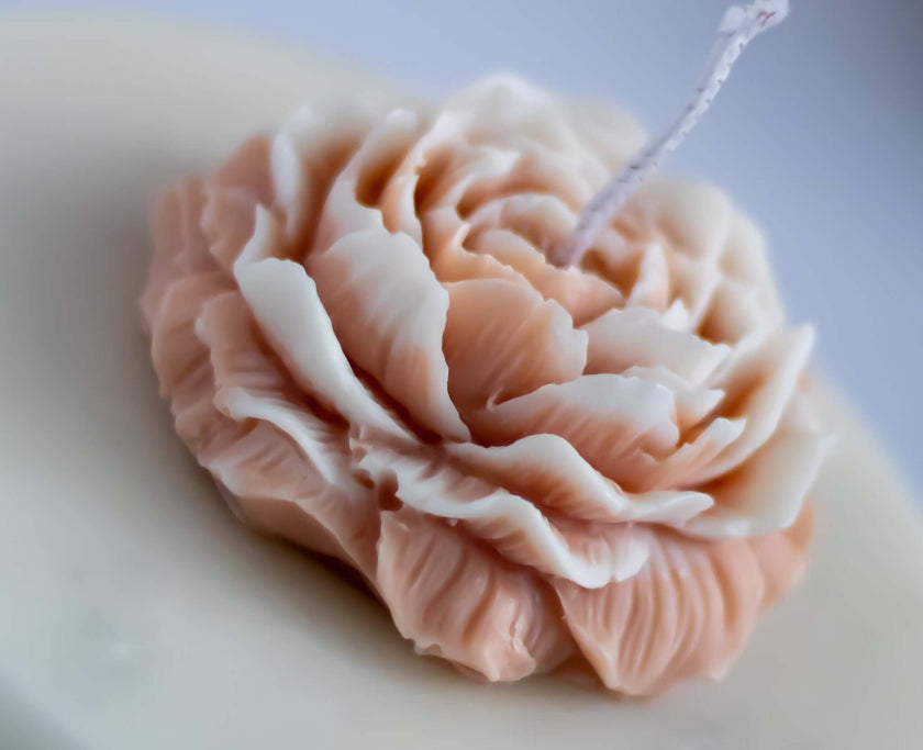 Handmade sculptural soy wax candle shaped like a beautiful rose in soft peach and white colors.