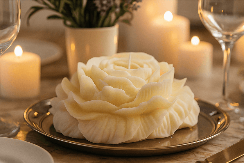 Close-up of the Peony Imperial candle, showcasing delicate peony-inspired details and soft pastel hues.