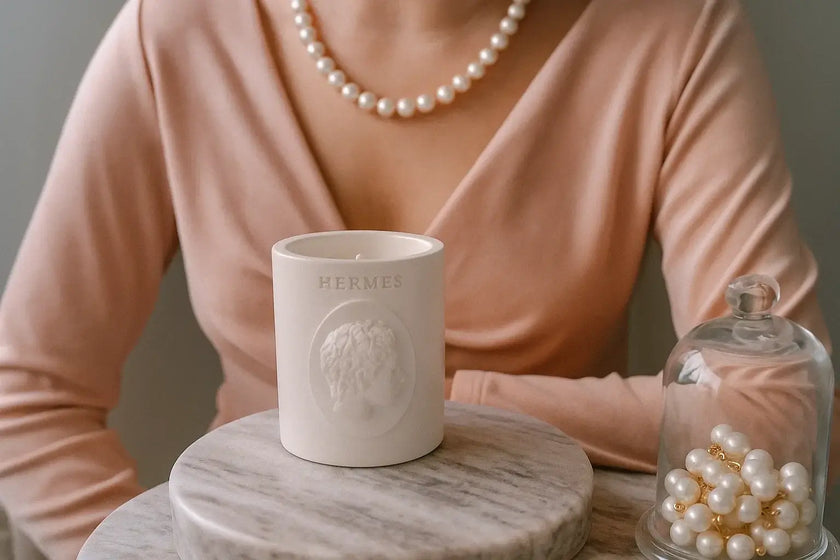 Person wearing a peach sweater with an Hermes candle on a marble surface.