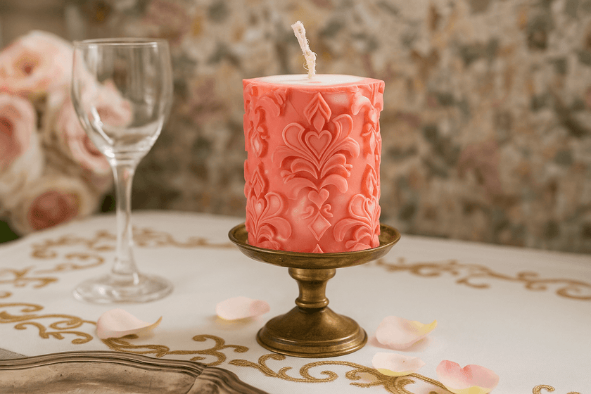 Pink embossed candle on a small brass stand with a glass and flowers in the background.