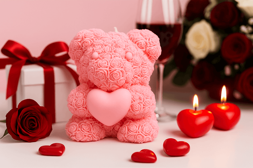 Pink rose-patterned teddy bear candle with heart, surrounded by red candles and roses on a light pink background.