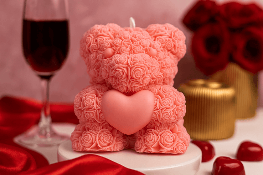 Pink teddy bear-shaped candle with a heart, wine glass, and flowers on a table.
