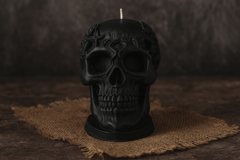 Premium handcrafted skull candle for eerie Halloween decorations and horror aesthetics