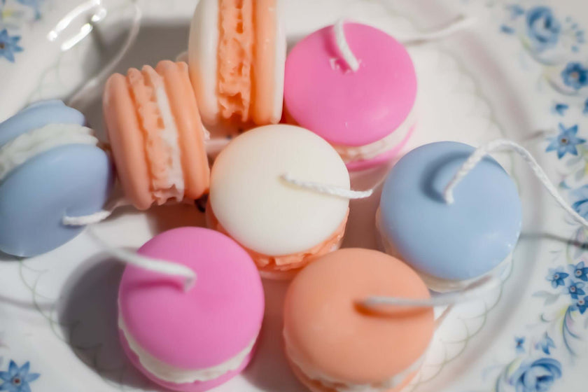 Premium scented macaron candles, Votive brand, eco friendly packaging, safe for families and pet-friendly home décor