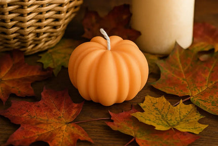 Pumpkin-shaped candle on a surface with autumn leaves and a woven basket in the background. Pumpkin shaped soy candle made with natural eco-friendly wax for fall home décor
