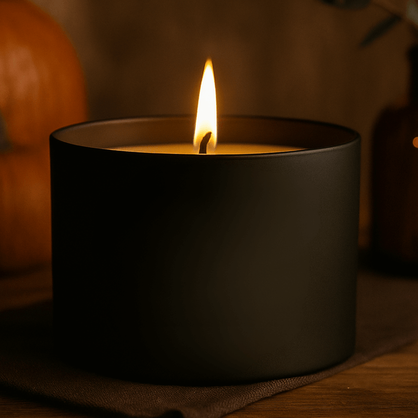Black candle with a lit flame on a dark background