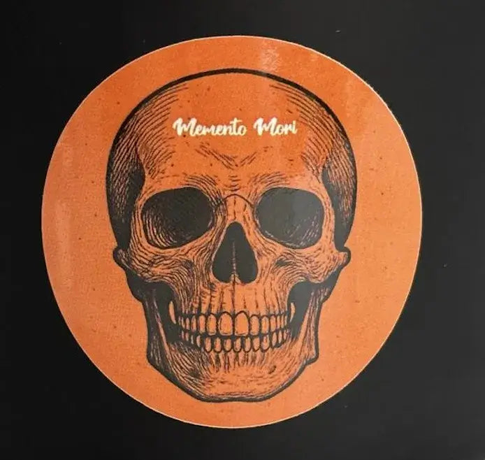 Pumpkin spice soy candle in black matte jar with Memento Mori skull label – Halloween decor