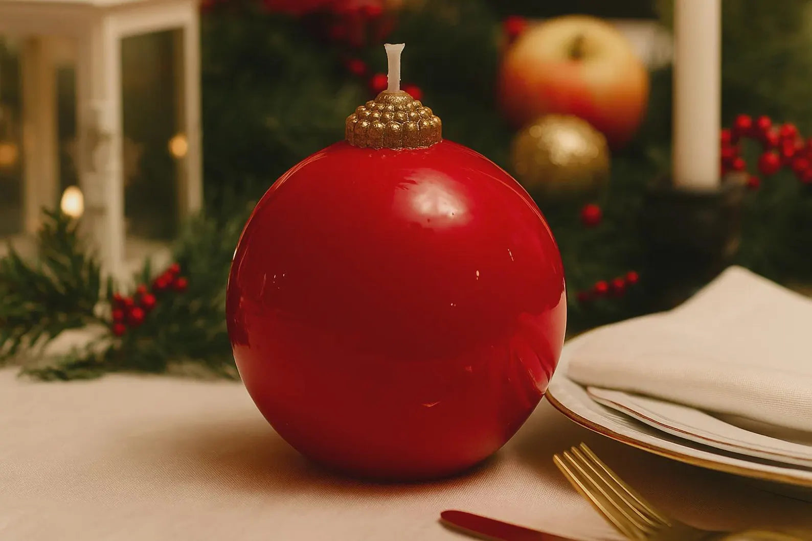 Red ball-shaped candle on a table with Christmas decorations in the background
