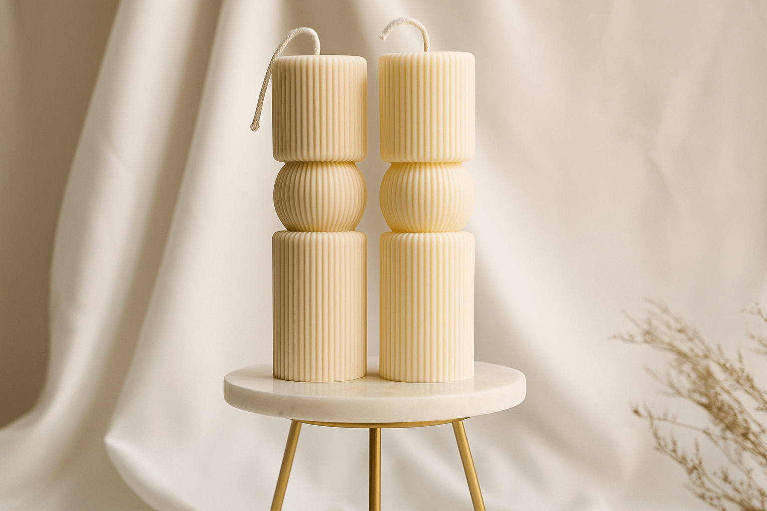 Set of two cylindrical candles on a small round table with a neutral background