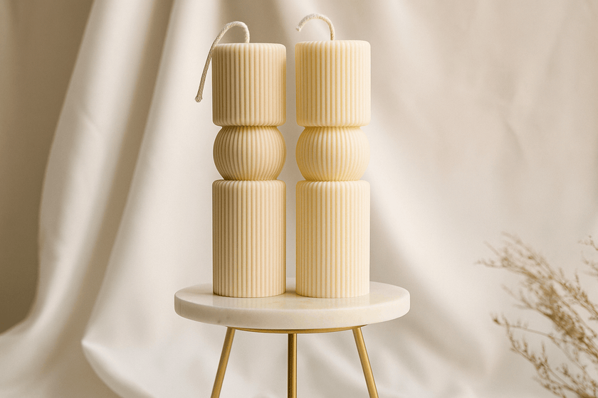Set of two cylindrical candles on a small round table with a neutral background