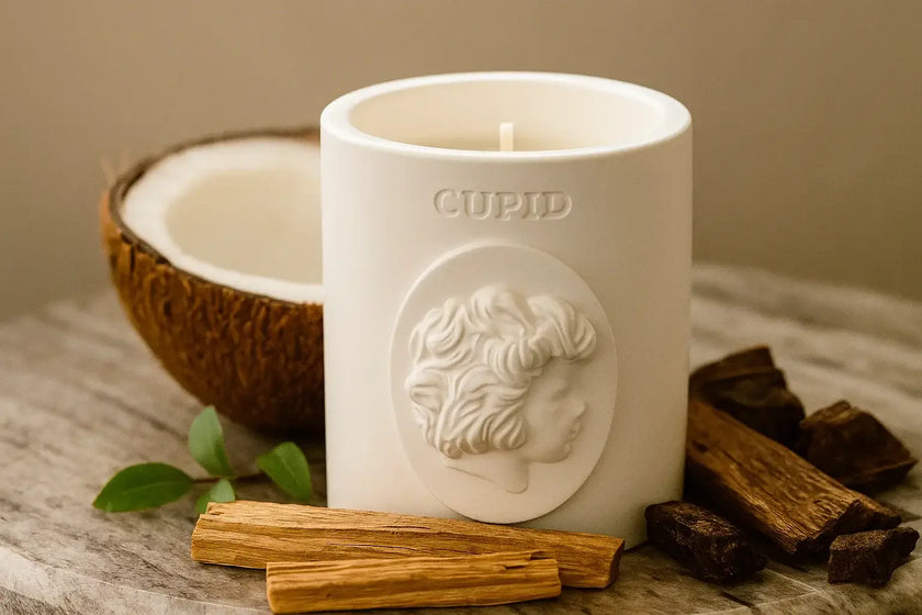 White candle with 'Cupid' design, coconut, cinnamon sticks, and chocolate on a stone surface.
