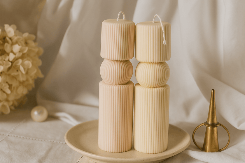 Ribbed Pillar Candles on an elegant white table 