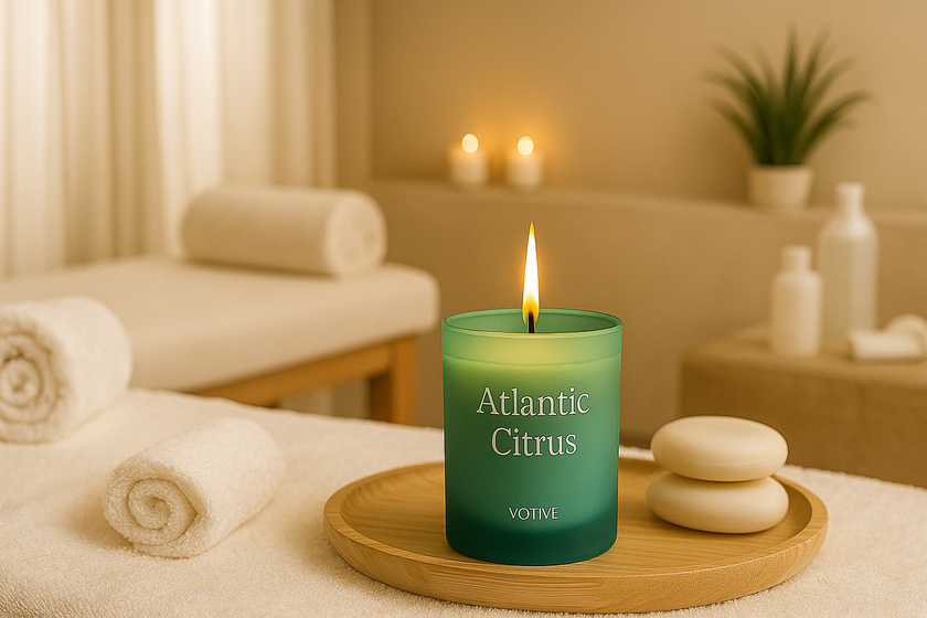 Votive candle labeled 'Atlantic Citrus' on a wooden tray in a spa setting.
