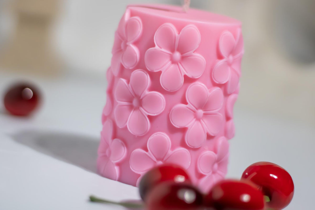 Sakura Pillar Candle: Cherry Blossom Scented Soy Wax Handmad – lifestyle view